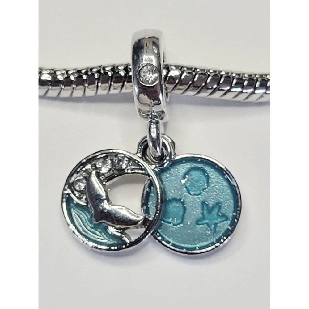 NWT For Pandora Charm Bracelet Aqua Blue Whale Tail Beach Dangle With Rhinestone